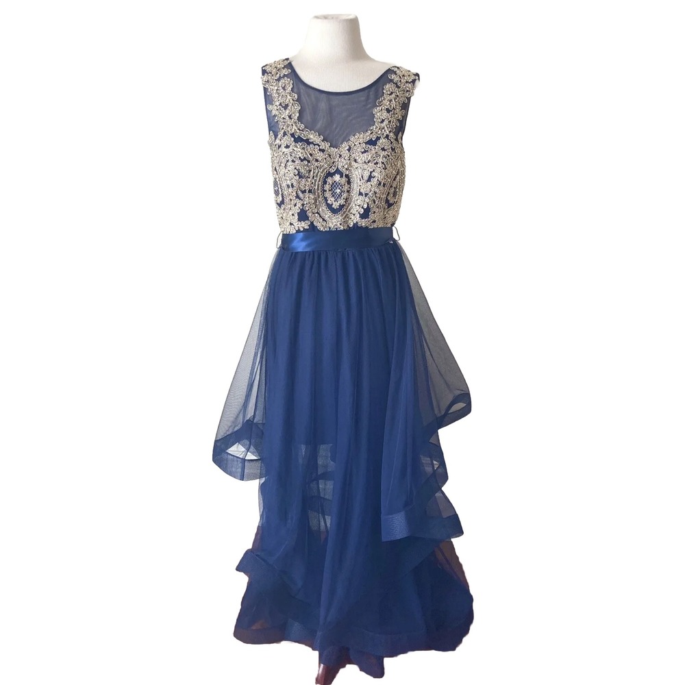 Fairycore Prom City Triangles Dress Navy blue‎ Gold Rhinestones Sz 7 Formal Maxi
